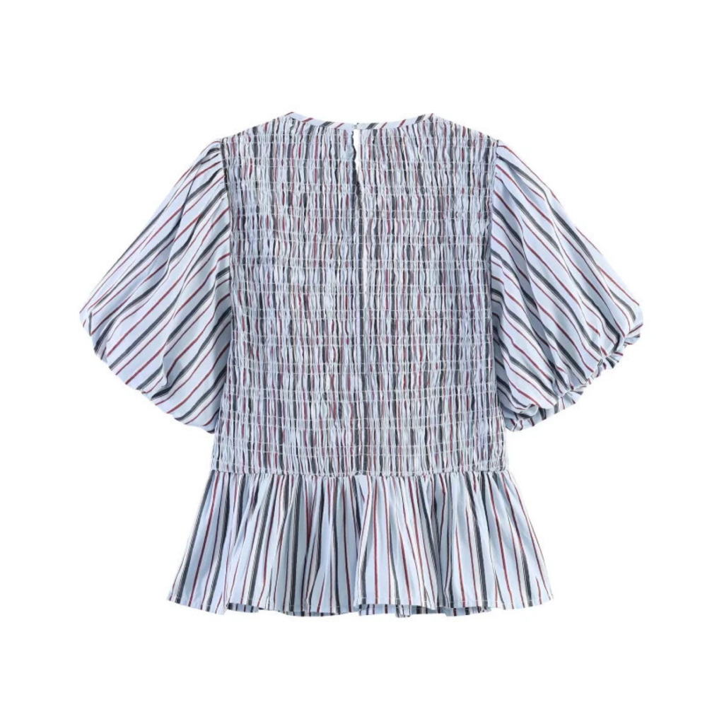 ZARA Stylish Round Neck Balloon Sleeve Striped Honeycomb Top